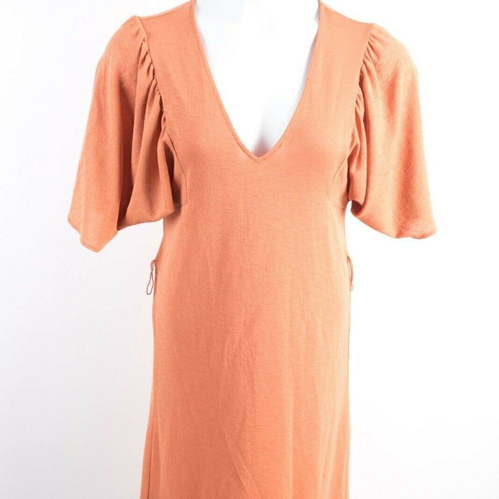 Zara Womens Midi Dress S Orange Short Sleeve VNeck